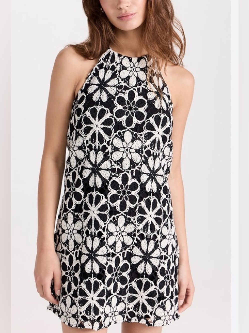 Ramy Brook Irina Black & White Crochet Floral Halter Mini Dress Size Petite S